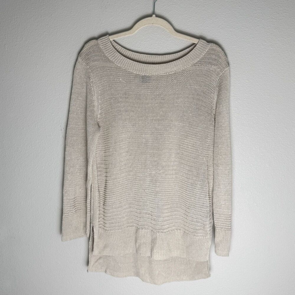 Tahari Sweater Womens Large Tan 100% Linen Tone on Tone Loose Knit Boho Beachy